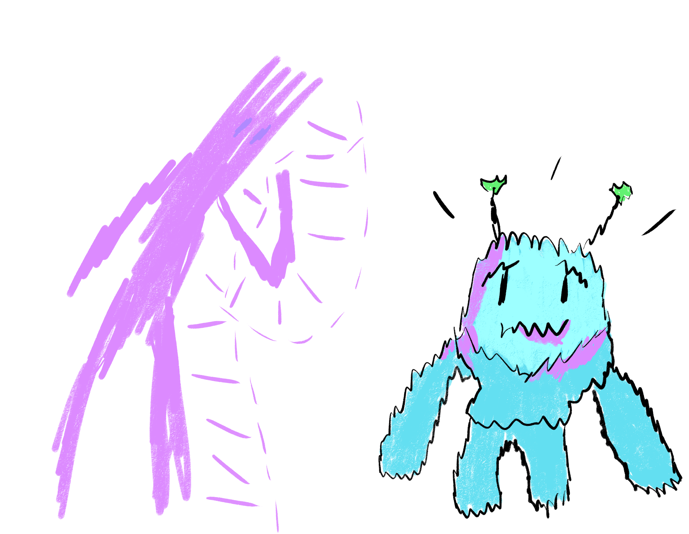 a purple guy looking curiously down at a scared blue guy